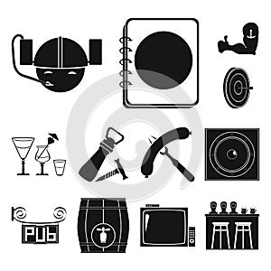 Pub, interior and equipment black icons in set collection for design. Alcohol and food vector symbol stock web