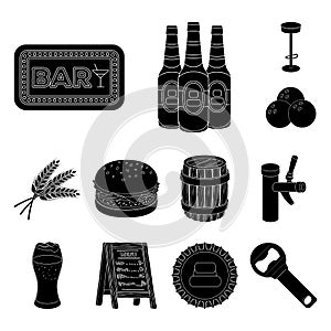 Pub, interior and equipment black icons in set collection for design. Alcohol and food vector symbol stock web