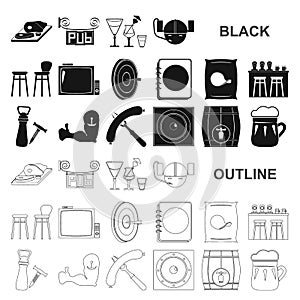 Pub, interior and equipment black icons in set collection for design. Alcohol and food vector symbol stock web