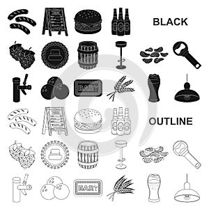 Pub, interior and equipment black icons in set collection for design. Alcohol and food vector symbol stock web