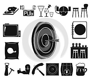 Pub, interior and equipment black icons in set collection for design. Alcohol and food vector symbol stock web