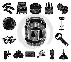 Pub, interior and equipment black icons in set collection for design. Alcohol and food vector symbol stock web