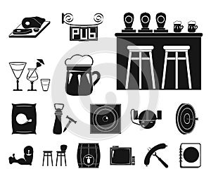 Pub, interior and equipment black icons in set collection for design. Alcohol and food vector symbol stock web