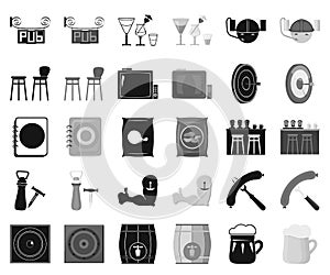 Pub, interior and equipment black,monochrome icons in set collection for design. Alcohol and food vector symbol stock