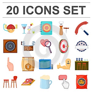 Pub, interior and equipment cartoon icons in set collection for design. Alcohol and food vector symbol stock web