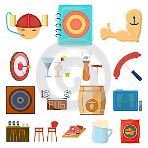 Pub, interior and equipment cartoon icons in set collection for design. Alcohol and food vector symbol stock web