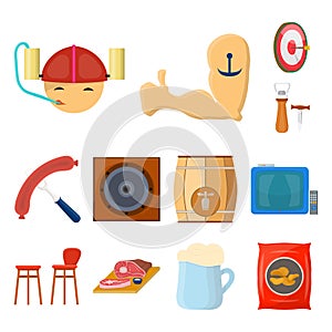 Pub, interior and equipment cartoon icons in set collection for design. Alcohol and food vector symbol stock web