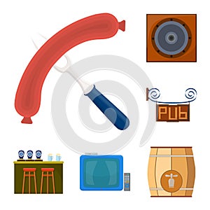 Pub, interior and equipment cartoon icons in set collection for design. Alcohol and food vector symbol stock web