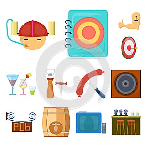 Pub, interior and equipment cartoon icons in set collection for design. Alcohol and food vector symbol stock web