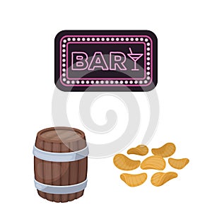 Pub, interior and equipment cartoon icons in set collection for design. Alcohol and food vector symbol stock web