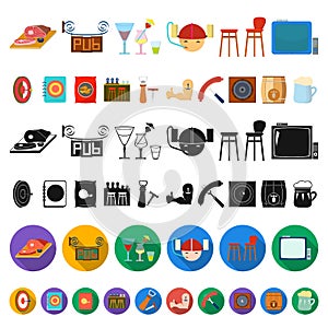 Pub, interior and equipment cartoon icons in set collection for design. Alcohol and food vector symbol stock web