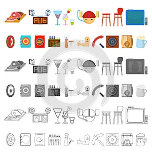 Pub, interior and equipment cartoon icons in set collection for design. Alcohol and food vector symbol stock web