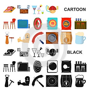 Pub, interior and equipment cartoon icons in set collection for design. Alcohol and food vector symbol stock web