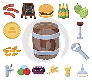 Pub, interior and equipment cartoon icons in set collection for design. Alcohol and food vector symbol stock web