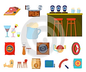 Pub, interior and equipment cartoon icons in set collection for design. Alcohol and food vector symbol stock web