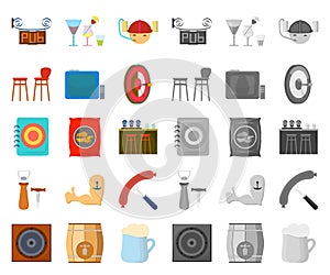 Pub, interior and equipment cartoon,mono icons in set collection for design. Alcohol and food vector symbol stock web