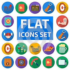 Pub, interior and equipment flat icons in set collection for design. Alcohol and food vector symbol stock web