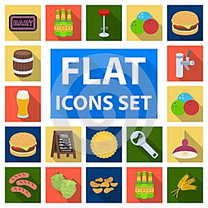 Pub, interior and equipment flat icons in set collection for design. Alcohol and food vector symbol stock web