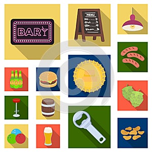 Pub, interior and equipment flat icons in set collection for design. Alcohol and food vector symbol stock web