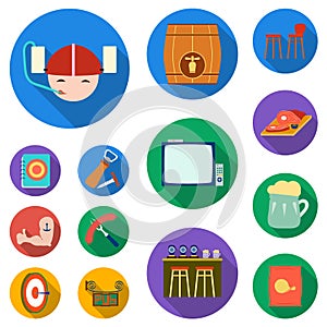 Pub, interior and equipment flat icons in set collection for design. Alcohol and food vector symbol stock web