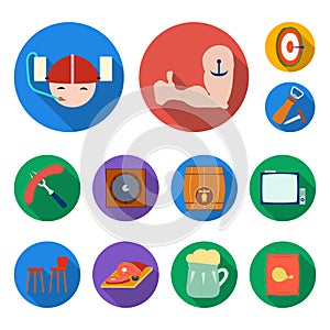 Pub, interior and equipment flat icons in set collection for design. Alcohol and food vector symbol stock web