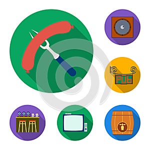 Pub, interior and equipment flat icons in set collection for design. Alcohol and food vector symbol stock web