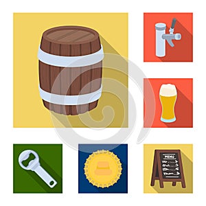 Pub, interior and equipment flat icons in set collection for design. Alcohol and food vector symbol stock web