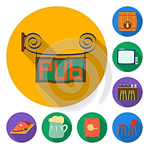 Pub, interior and equipment flat icons in set collection for design. Alcohol and food vector symbol stock web