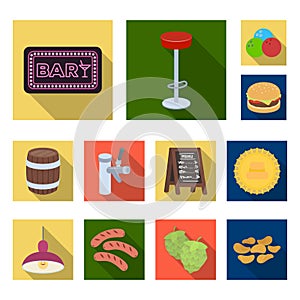 Pub, interior and equipment flat icons in set collection for design. Alcohol and food vector symbol stock web