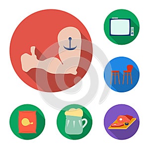 Pub, interior and equipment flat icons in set collection for design. Alcohol and food vector symbol stock web