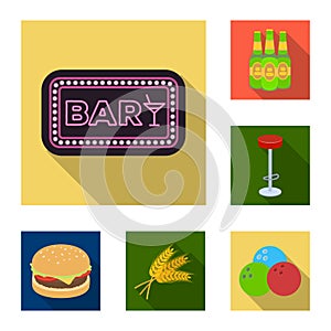 Pub, interior and equipment flat icons in set collection for design. Alcohol and food vector symbol stock web