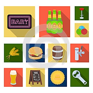 Pub, interior and equipment flat icons in set collection for design. Alcohol and food vector symbol stock web