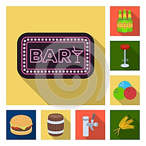 Pub, interior and equipment flat icons in set collection for design. Alcohol and food vector symbol stock web