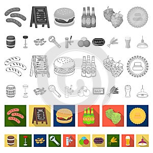 Pub, interior and equipment flat icons in set collection for design. Alcohol and food vector symbol stock web