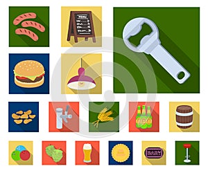 Pub, interior and equipment flat icons in set collection for design. Alcohol and food vector symbol stock web