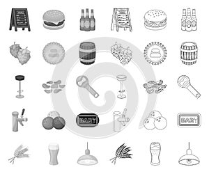 Pub, interior and equipment mono,outline icons in set collection for design. Alcohol and food vector symbol stock web