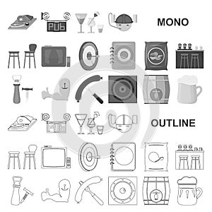 Pub, interior and equipment monochrom icons in set collection for design. Alcohol and food vector symbol stock web