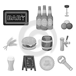 Pub, interior and equipment monochrome icons in set collection for design. Alcohol and food vector symbol stock web