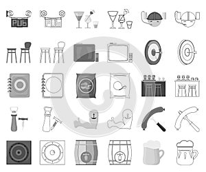 Pub, interior and equipment monochrome,outline icons in set collection for design. Alcohol and food vector symbol stock