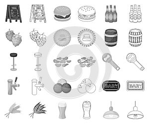 Pub, interior and equipment monochrome,outline icons in set collection for design. Alcohol and food vector symbol stock