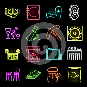 Pub, interior and equipment neon icons in set collection for design. Alcohol and food vector symbol stock web