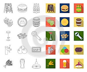 Pub, interior and equipment outline,flat icons in set collection for design. Alcohol and food vector symbol stock web