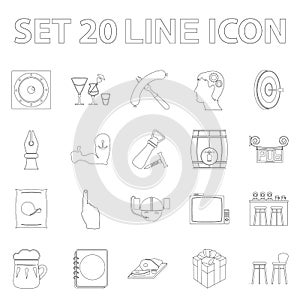 Pub, interior and equipment outline icons in set collection