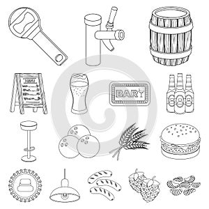 Pub, interior and equipment outline icons in set collection for design. Alcohol and food vector symbol stock web