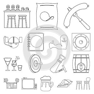 Pub, interior and equipment outline icons in set collection for design. Alcohol and food vector symbol stock web