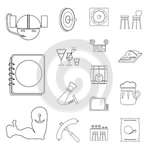 Pub, interior and equipment outline icons in set collection for design. Alcohol and food vector symbol stock web