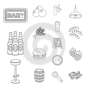 Pub, interior and equipment outline icons in set collection for design. Alcohol and food vector symbol stock web