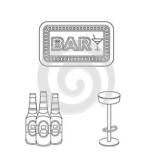 Pub, interior and equipment outline icons in set collection for design. Alcohol and food vector symbol stock web