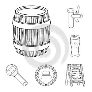 Pub, interior and equipment outline icons in set collection for design. Alcohol and food vector symbol stock web