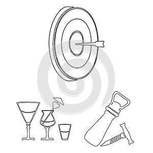 Pub, interior and equipment outline icons in set collection for design. Alcohol and food vector symbol stock web